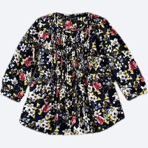 Banana Republic Navy Blue Floral Sheer Blouse Pleated Button Front Top XS